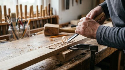 Wood carving with chisel on clamped strip, woodworking craft, sharp tool shaping, carved detail, artisan bench process, commercial stock photography, authentic industrial detail, fresh clean