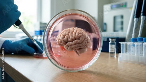 Lab grown mini brain organoid in culture dish, neuroscience research specimen, organoid culture, biotechnology breakthrough, petri dish, commercial stock photography, authentic detail, fresh