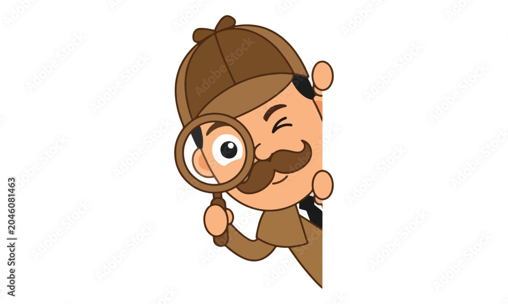 Naklejka premium Detective Character Peeking with Magnifying Glass Behind Edge
