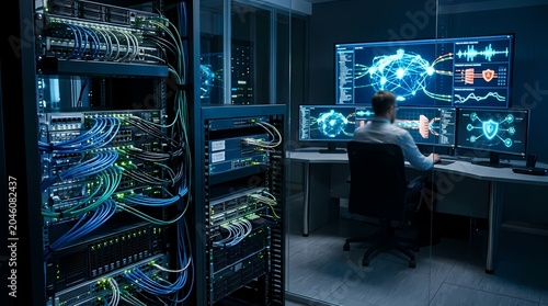 Data center server room with man monitoring cybersecurity network on multiple monitors