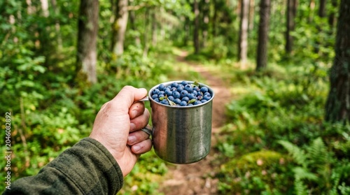 Hand holding a metal mug full of freshly picked blueberries in a lush green forest.