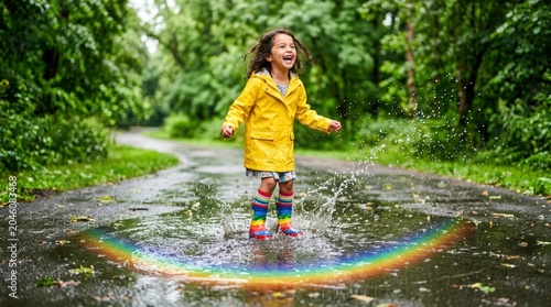 Joyful Child Splashing in Puddle with Rainbow Reflection on a Rainy Day.