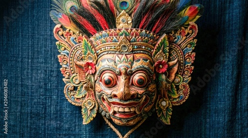 Intricate Balinese Wooden Mask with Vibrant Feathers and Traditional Carvings.