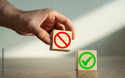 Hand placing wooden block with no symbol over checkmark decision concept