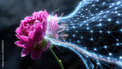 Pink peony merging with digital data streams, representing innovation and connectivity. Ideal for technology, AI, or sustainable growth marketing, corporate presentations,