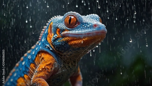 Brilliant blue and orange tokay gecko clinging to rain-soaked bark ai