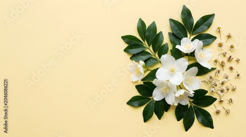 Elegant Jasmine Flowers and Green Leaves Arrangement on Pastel Yellow