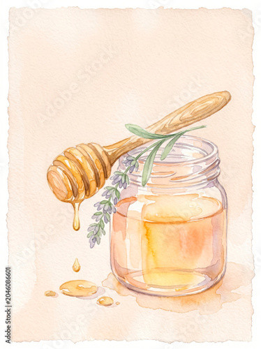 Watercolor illustration of golden honey jar with wooden dipper and scattered drops on soft beige background for organic food design [copy space]