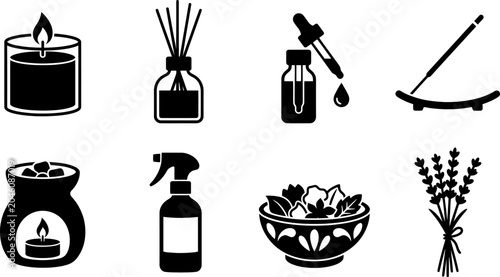 Fotografie Aromatherapy and natural scent icons featuring diffuser spray flowers lavender