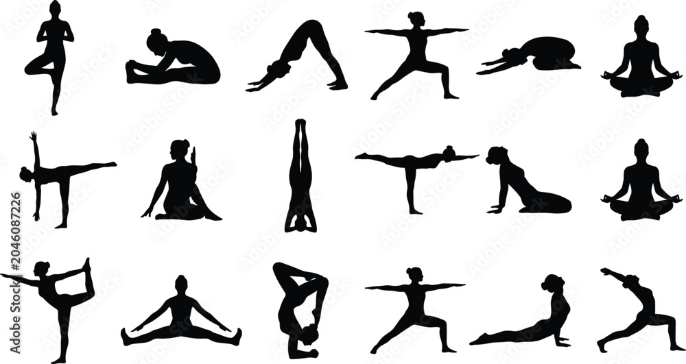 Obraz premium Silhouette of a woman practicing various yoga poses, fitness exercises, and meditation icons isolated on a white background