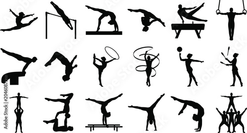 Bild auf Leinwand Gymnastics and acrobatics silhouette icons set including artistic rhythmic and a