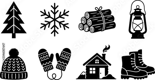 Fotografie Christmas tree snowflake logs winter cabin mittens boots lantern illustration