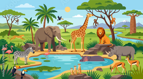 Photography Safari animals gathered at waterhole.