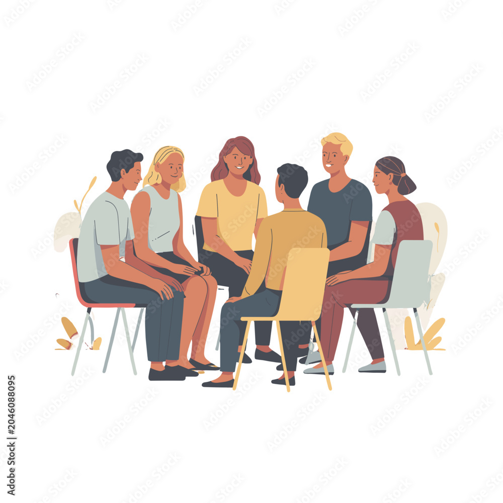 Fototapeta premium A diverse group of six people sitting in a circle, engaged in conversation and listening intently to each other.