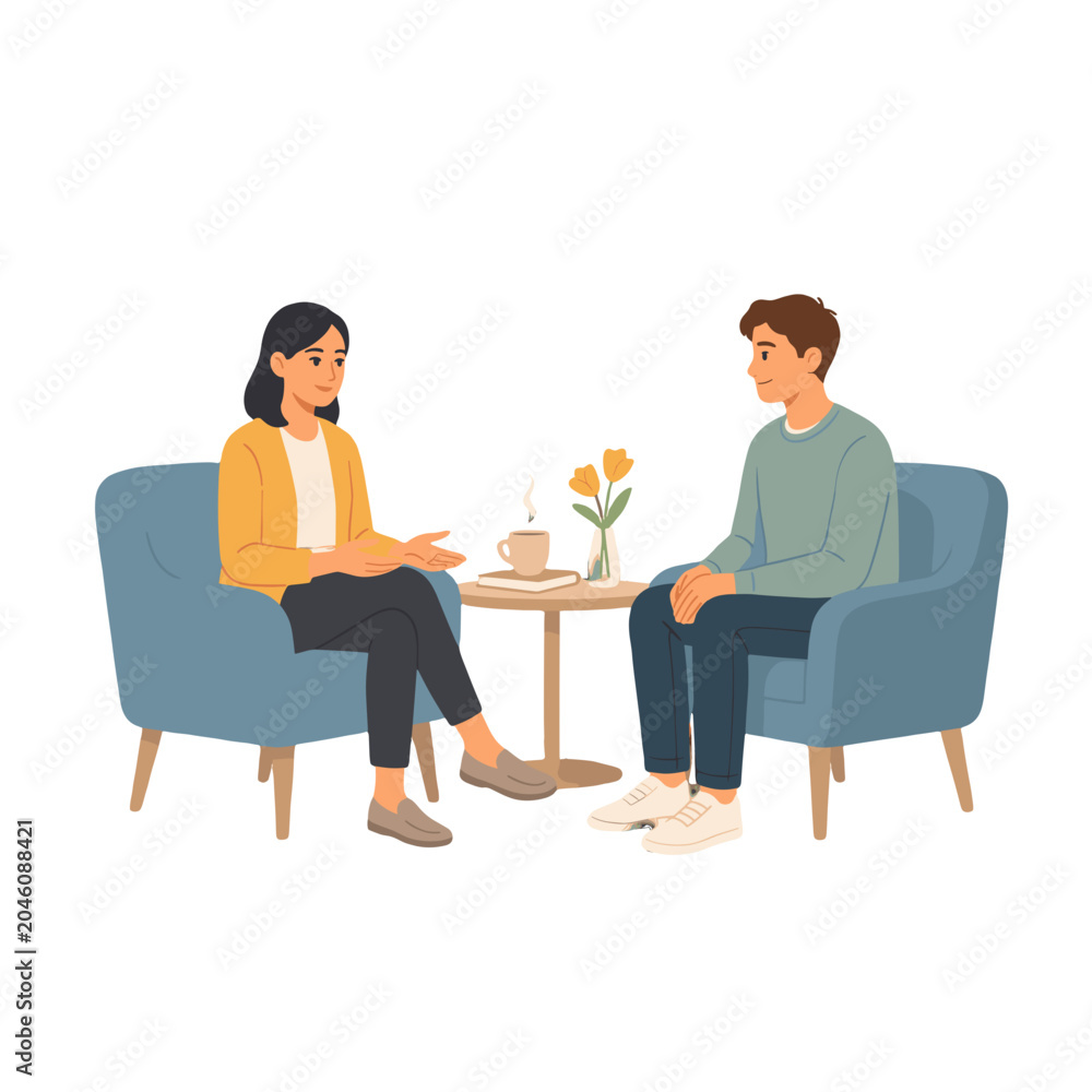 Obraz premium Two people in armchairs talking over a small table with coffee and flowers.