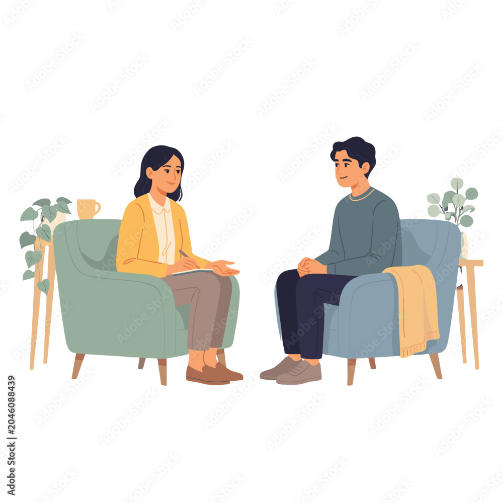 Obraz premium A therapist listens attentively to a patient seated in a comfortable armchair.