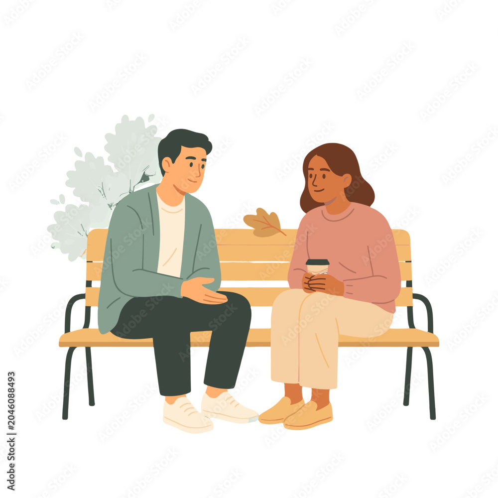 Obraz premium A man and woman sitting on a park bench, having a conversation and holding a cup of coffee.