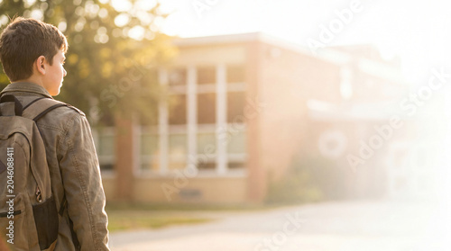 Teenage schoolboy with a backpack looking at the school building in the morning sun light, blurred background with copy space