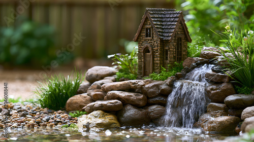 Small backyard pond with miniature stone waterfall and natural landscaping copy space