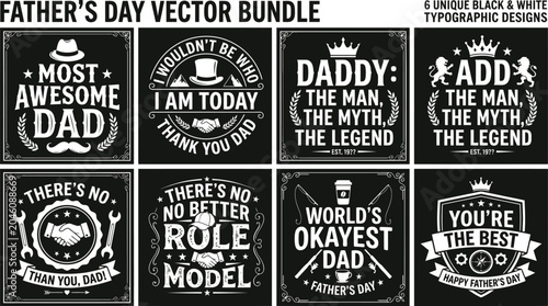 Tableau sur toile Father's day vector bundle 6 unique black white typographic designs