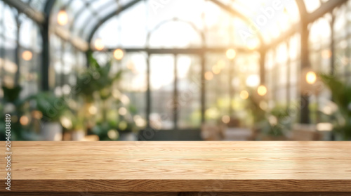 Empty Wooden Table Foreground with Blurred Greenhouse Garden Interior Background for Organic Product Placement Mockup