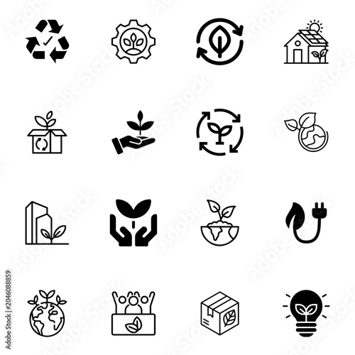 Modern Sustainability and Eco Icons Set with Renewable Energy, Recycling and Green Living Symbols 1.eps