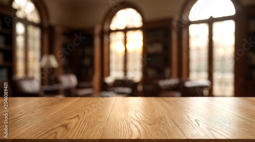 Empty Dark Wood Table Surface with Blurred Classic Luxury Library Interior Background for Premium Product Mockup