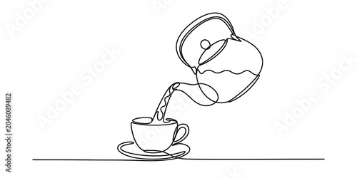 Foto Continuous line drawing of tea pouring from a teapot into a cup on a saucer