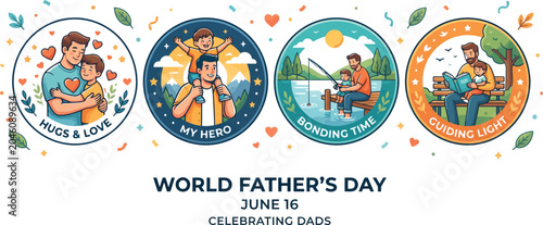 Fotografia Father's day illustration set loving dad moments with family and outdoor activit