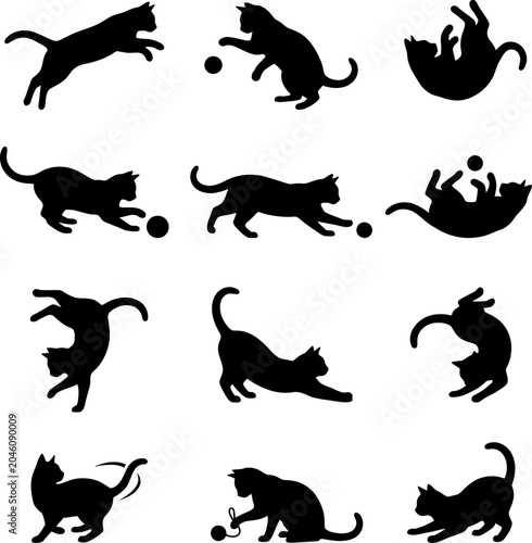 Playful domestic cat silhouettes set with silhouette