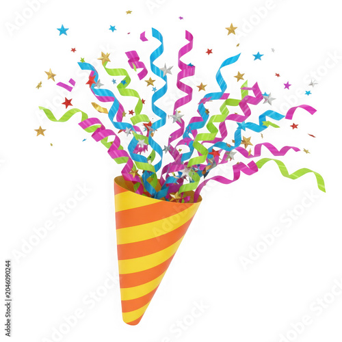 Colorful party confetti explosion bursting from striped party hat isolated on transparent background