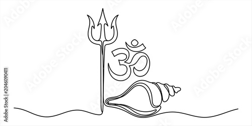 Foto Hindu religious symbols om, trident, and conch shell in continuous line drawing