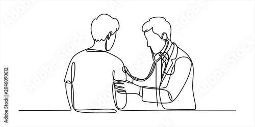 Fotografie Doctor using stethoscope to examine patient's chest, single line drawing