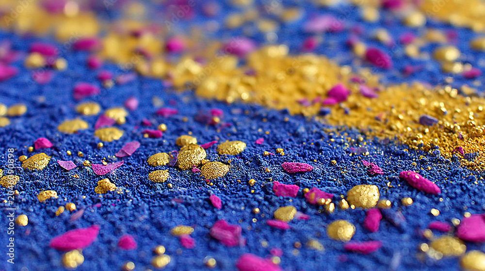 Obraz premium Close-up of bright blue and golden powder particles with small colorful grain fragments