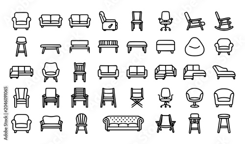 Tableau sur toile Home Furniture and Interior Seating Line Icon Set with Sofa Chair and Living Roo