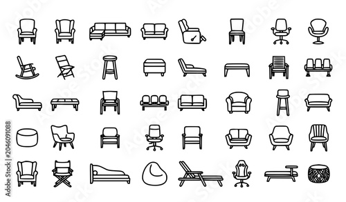 Photos Editable Home Furniture Seating Icon Set with Chairs Sofas and Interior Line Art