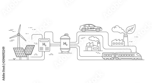 Illustration of a hydrogen energy system with renewable power sources.