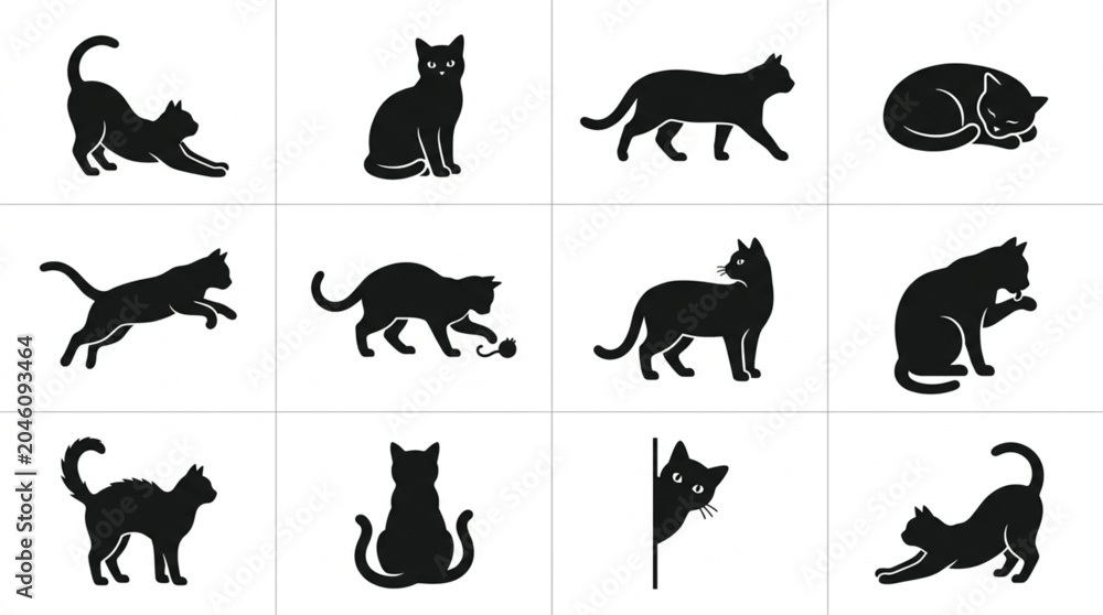 Fototapeta premium Black Silhouette Cats Various Dynamic Poses.