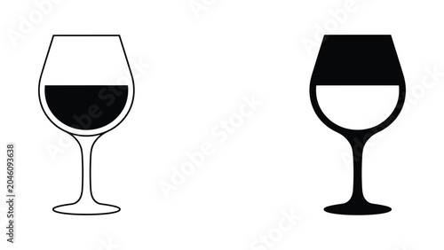 Foto Wine glass icons set with outline and solid black silhouette for restaurant menu