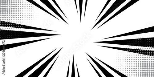 Comic book black and white radial lines background. Manga speed frame. Super hero action. Vector illustration.