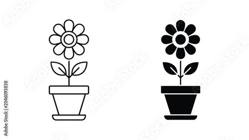 Quadro em tela Clean flower in pot icons with outline and solid silhouette for professional dig