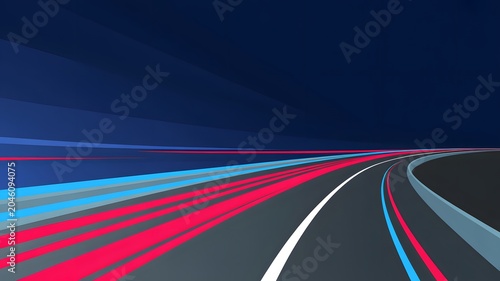 A highway with red blue and white lines on a dark background