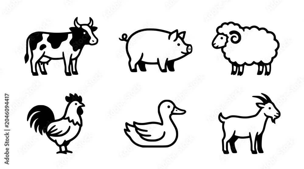 Fototapeta premium Farm animals are illustrated in a simple black line drawing style