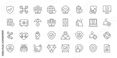 Life Protection, icons in line design. Life, protection, security, safety, insurance, health, well-being on white background vector. Life Protection editable stroke icons