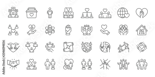 Social Impact, icons in line design. Social, impact, community, charity, help, support, volunteer on white background vector. Social Impact editable stroke icons