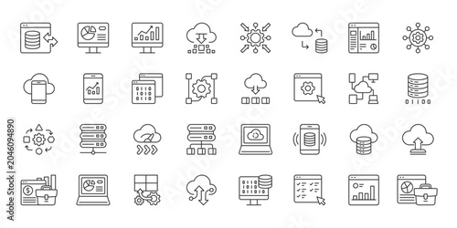 SaaS, icons in line design. SaaS, software, service, cloud, computing, application, online on white background vector. SaaS editable stroke icons
