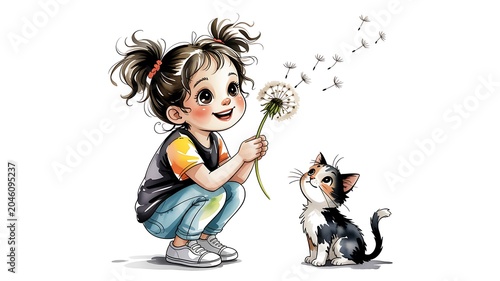 Cheerful girl blowing dandelion fluff, little cat observes seeds fly