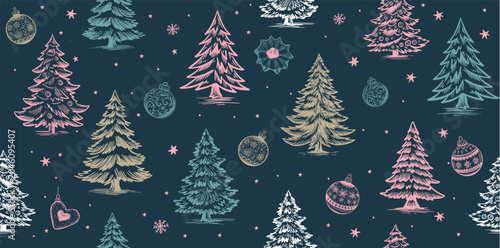 Christmas tree pattern, Hand drawn illustration.	
