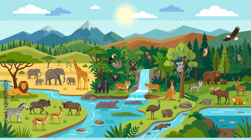 Variety of animals in ecosystem.