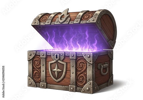 Open wooden treasure chest with glowing purple magic light and metal shield emblem design